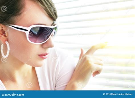 Girl Looking Through The Blinds Stock Photo Image Of Female Close