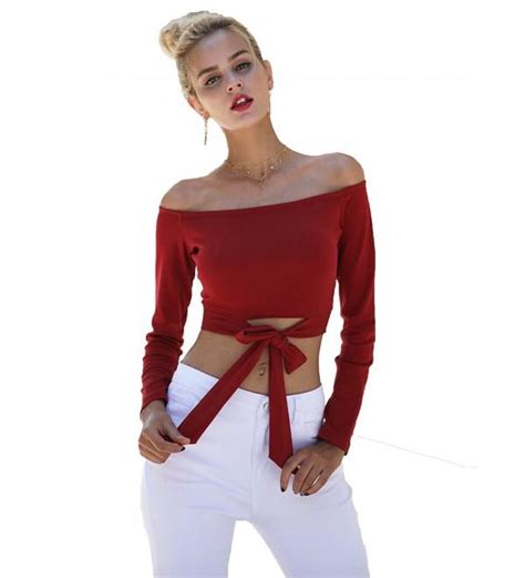 simplee women s sexy off shoulder long sleeve top tees bow tie knotted crop tops burgundy