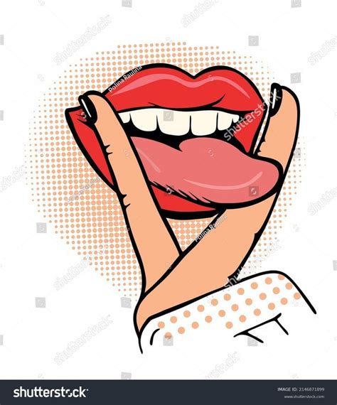 Red Pop Comic Lips With Tonguefingers Letter V Hand Gesturevictory Tongue Sticking Out Of