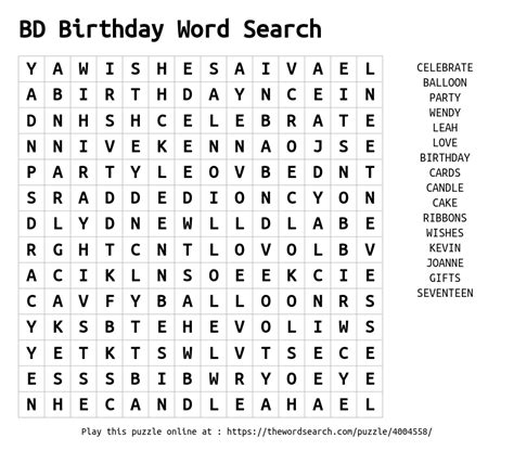 Download Word Search On Bd Birthday Word Search