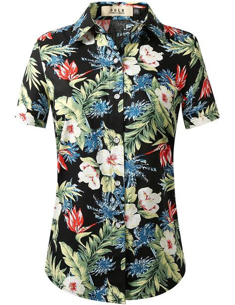 SSLR Womens Hawaiian Shirt Floral Blouses Short Sleeve Button Down Shirts For Women Hawaiian