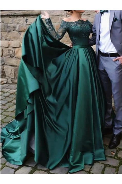 A Line Long Sleeves Lace Satin Long Prom Dresses Formal Evening Gowns