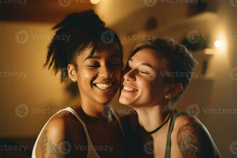 ai generative head shot close up happy mixed race girl cuddling smiling indian female friend