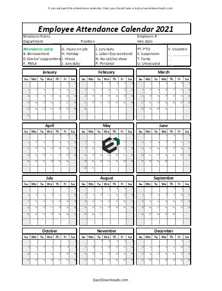 Printable Employee Attendance Calendar 2021 Excel Downloads