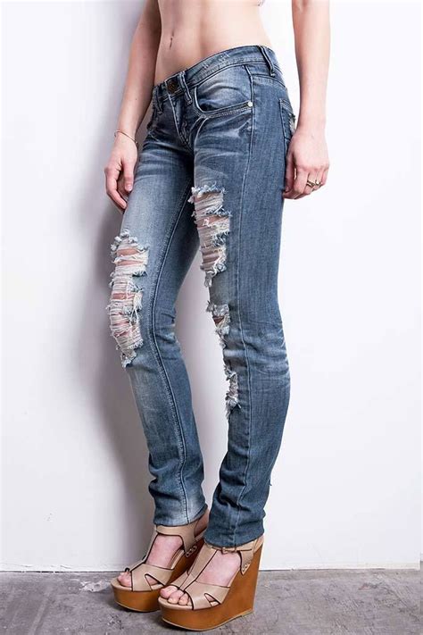 Machine Jeans Destroyed Torn Ripped Womens Low Rise Skinny Straight Leg