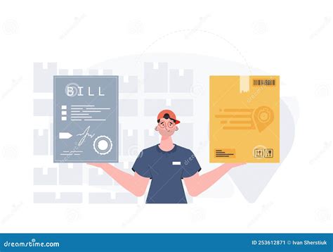Home Delivery Concept Male Courier Holds Parcel And Check Trendy Flat