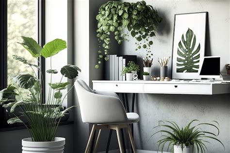 Premium Photo A Contemporary Workspace In A Room With Green Potted