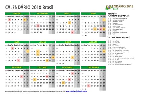 CalendÁrio 2018 Para Imprimir Com Feriados