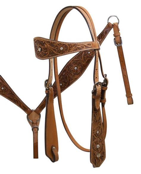 Double Stitched Leather Headstall With Floral Tooling Dark Horse