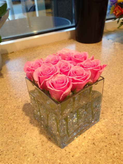 Pink Roses In Square Vase Floral Ts Hot Pink Centerpieces Pink