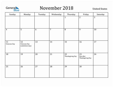 November 2018 Monthly Calendar With United States Holidays