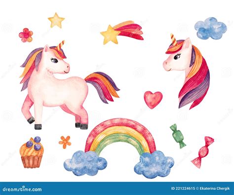 Watercolor Illustration With A Unicorn Pony Rainbow Cloud Heart And