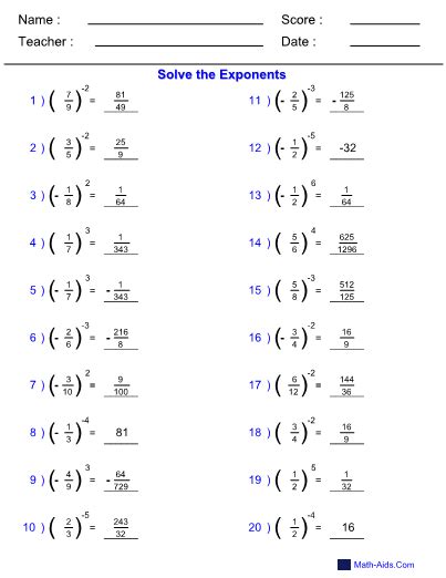 Exponents Fractions Worksheet