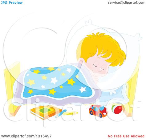 Clipart Of A Cartoon Blond Caucasian Boy Sleeping Peacefully In A Bed
