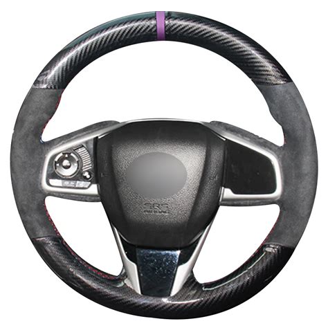 Carbon Fiber Leather Black Suede Purple Marker Car Steering Wheel Cover