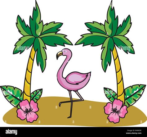 Tropical Summer Pink Flamingo With Palm Beach Cartoon Vector