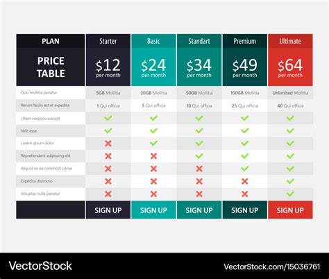 Pricing Table Template Design For Business Vector Image