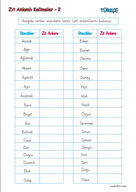 2.sınıf Zıt Anlamlı Kelimeler | Alfabe çalışma sayfaları, Üçüncü sınıf