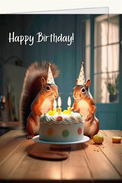 Squirrel Birthday Card With Birthday Cake Birthday Hats Etsy
