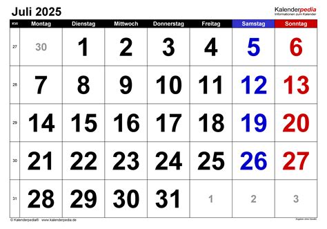 Kalender Juli 2025 Als Word Vorlagen
