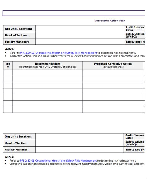 action plan template  emergency corrective incident template