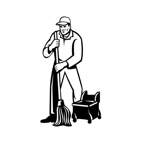 Commercial Cleaner Or Janitor Mopping Cleaning Floor Retro Black And White Vector Art At
