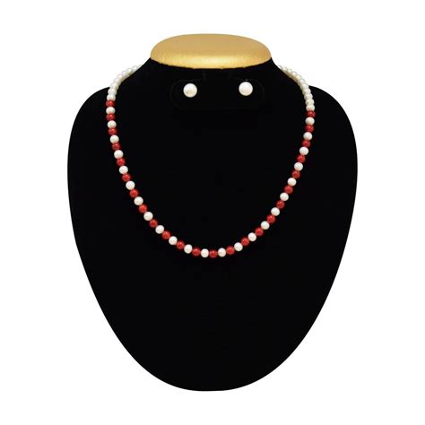 Simple Pearl And Coral Necklace In Mm Round Pearls