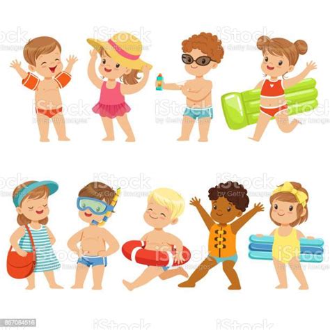 Cute Kids Toons Are Having Fun On The Beach Stock Illustration