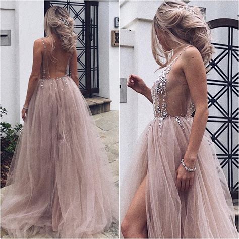 Sexy Backless Tulle Prom Dresses Long With Crystal Beaded Sheer Corset