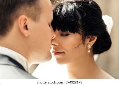 Close Portrait Stylish Kissing Newlyweds Outdoors Stock Photo Shutterstock