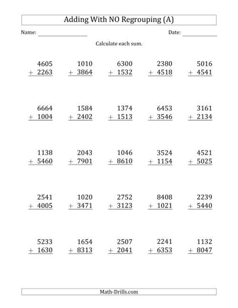 4 Digit Plus 4 Digit Addition With No Regrouping A Addition Worksheet