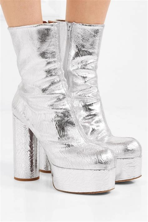 Silver Womens Vetements Boots Metallic Textured Leather Platform