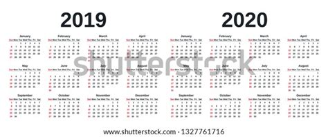 Ilustrasi Stok 2019 2020 Calendar Week Starts Sunday 1327761716
