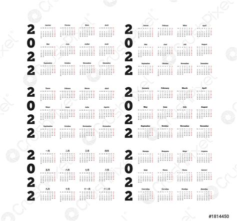 Set Of 2022 Year Simple Calendars On Different Languages Like Stock