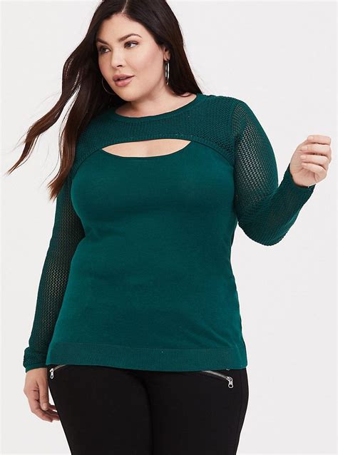Green Mix Stitch Peek Neck Pullover Plus Size Fashion Plus Size