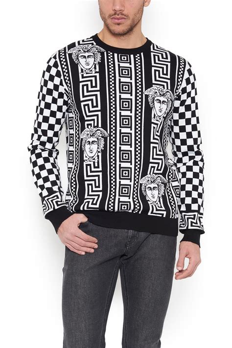 Versace Cotton Greek Motif Checkered Jacquard Sweater In Blackwhite
