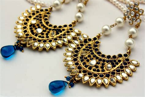 Pakistani Style Royal Blue And Pearl Earrings Holiday Jewelry