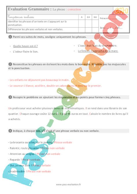 Leçon, exercices et évaluation à imprimer de la catégorie grammaire : Bilan à imprimer pour le Cm1 sur la phrase - Evaluation ...