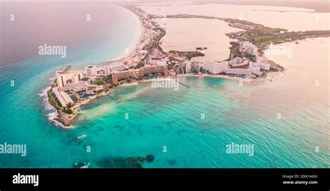 Aerial Panoramic View Of Cancun Beach And City Hotel Zone In Mexico