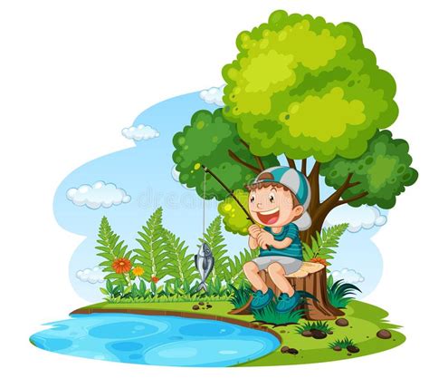Happy Boy Fishing In Pond Stock Vector Illustration Of Action 249347422