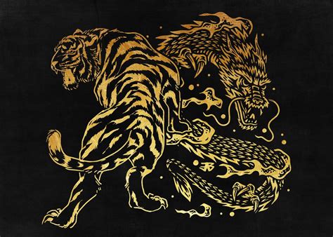 Golden Tiger And Dragon Poster By John Marinakis Displate