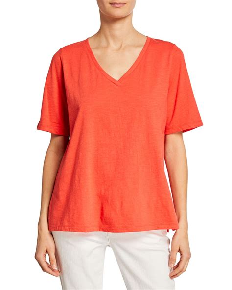 Eileen Fisher Short Sleeve V Neck Organic Cotton Slub Jersey Tee In Red