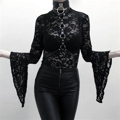 black lace bodysuit women sexy irregular long sleeves clubwear gothic style ladies jumpsuits