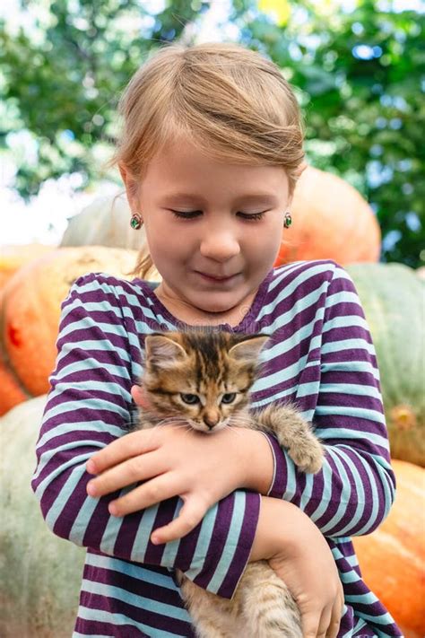 Cute Little Girl With Kitten Stock Image Image Of Emotions Natural