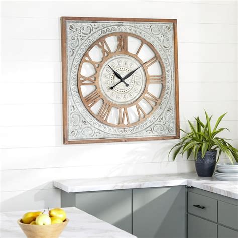 Decmode Extra Large Square Metal Textured Pattern Wall Clock With Wood