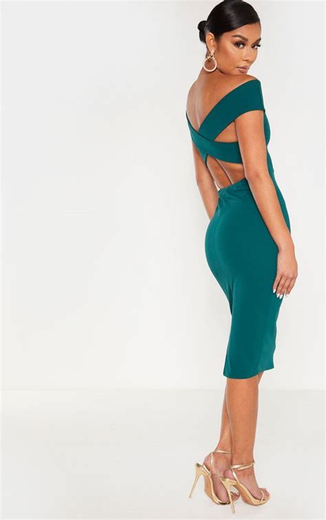 Emerald Green Bardot Cross Back Midi Dress Contrast Dress Midi Dress