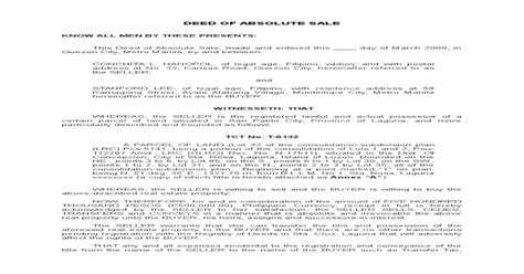 Deed Of Absolute Sale Land Pdf Document