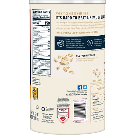 Track calories, carbs, fat, and 18 other key nutrients. Quaker Old Fashioned Oats Nutrition Label - NutritionWalls