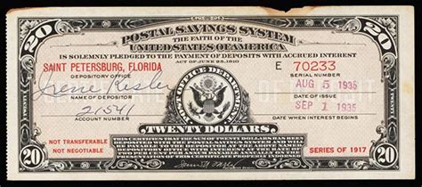 Us Postal Savings System Certificate Florida Series Of 1917