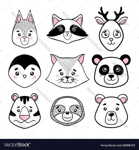 Set Of Cute Animal Faces Black White Panda Vector Image